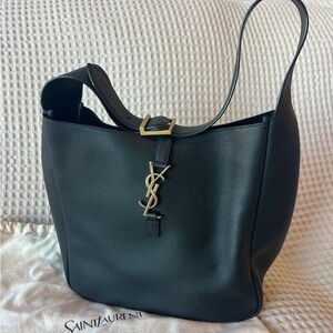 Saint Laurent Black Leather Shoulder Bag with Gold Accent